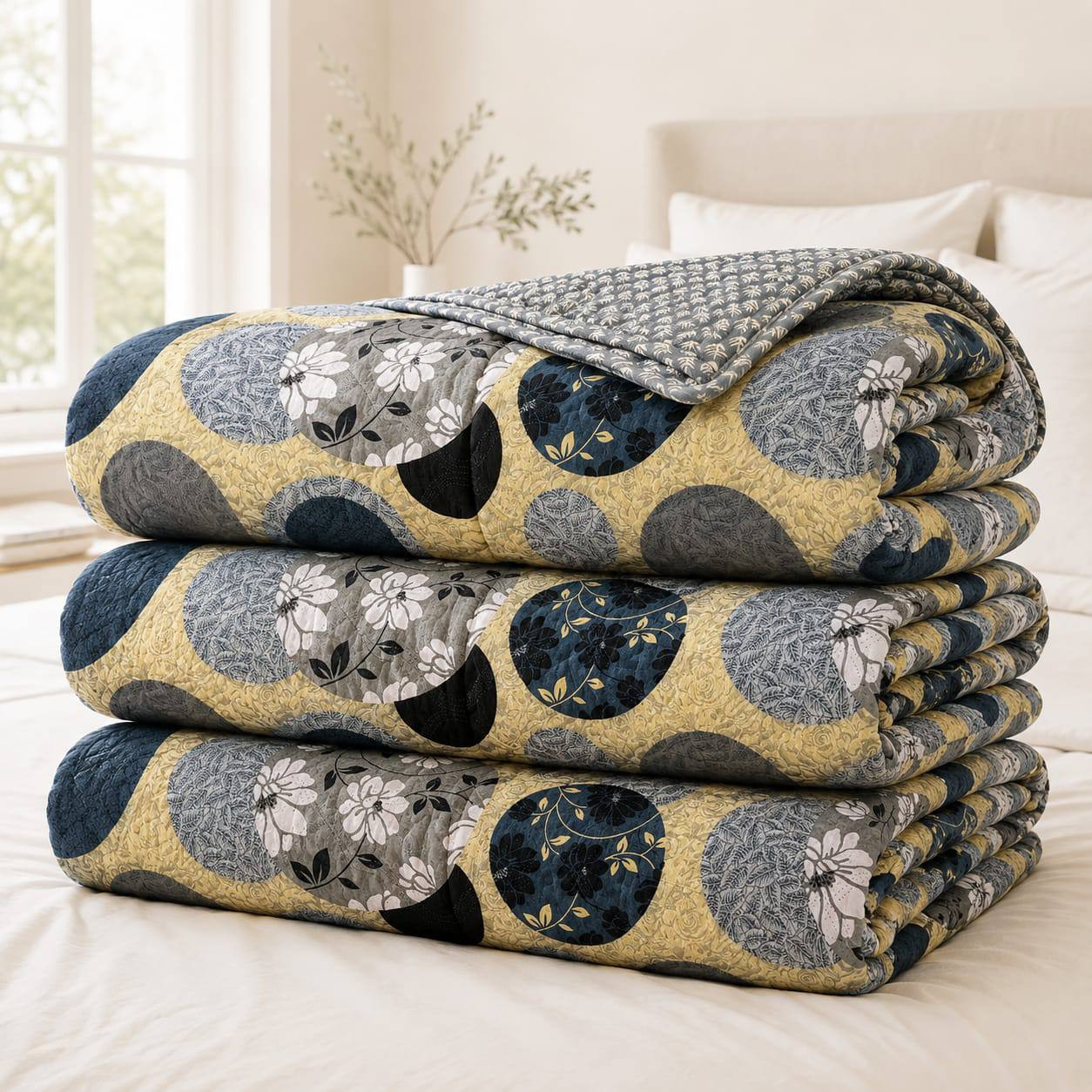 Folded double bed cotton quilted comforter in navy gold circle print with reversible grey leaf-print corner flip