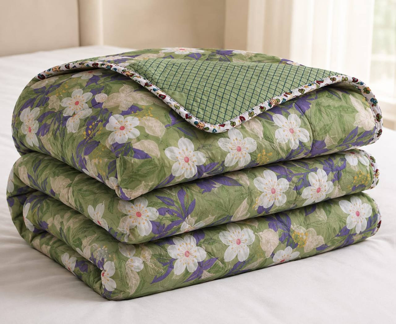 Folded double bed cotton quilted comforter in sage green floral print with reversible green checked corner flip