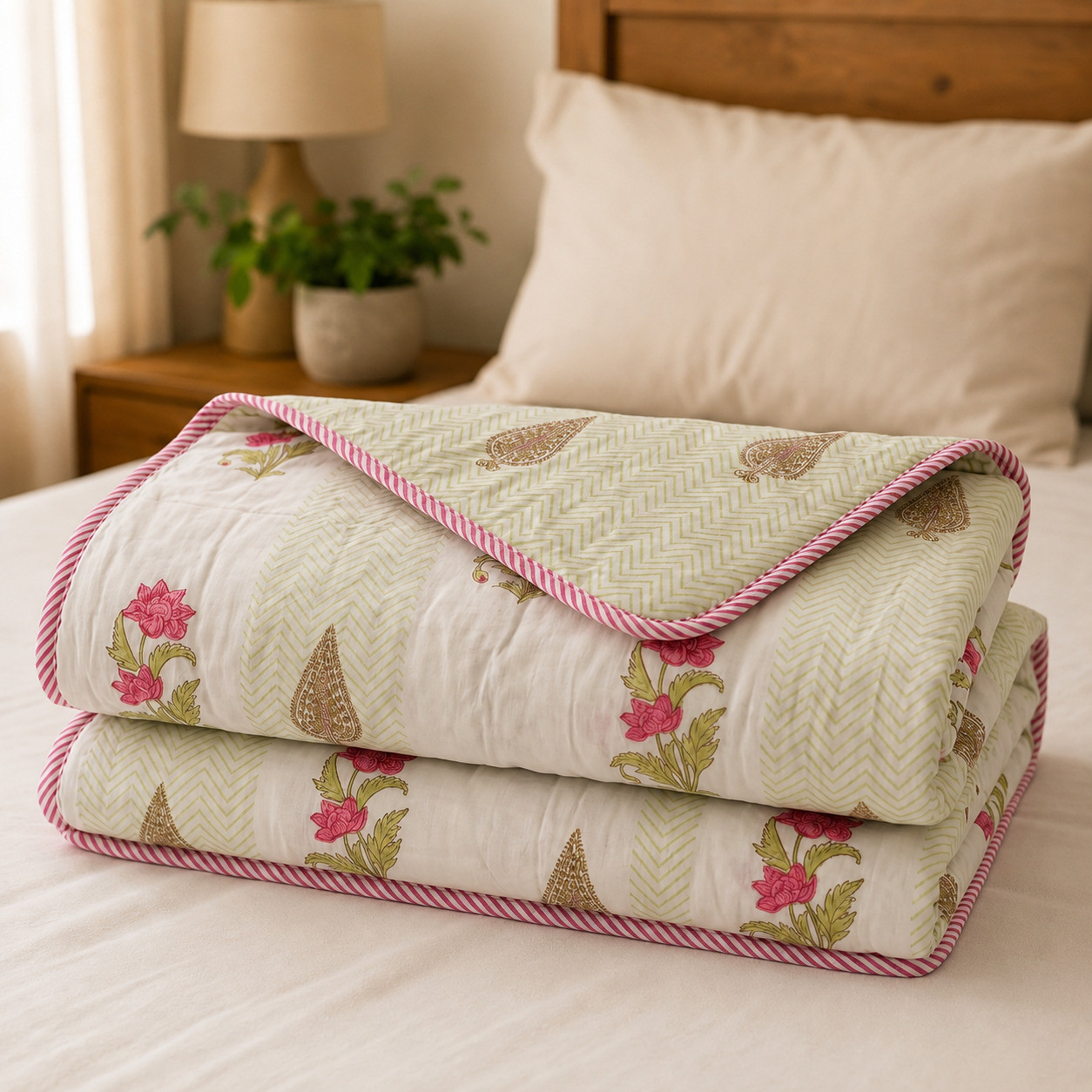 Folded hand block printed dohar with pink striped edging on bed with white pillow