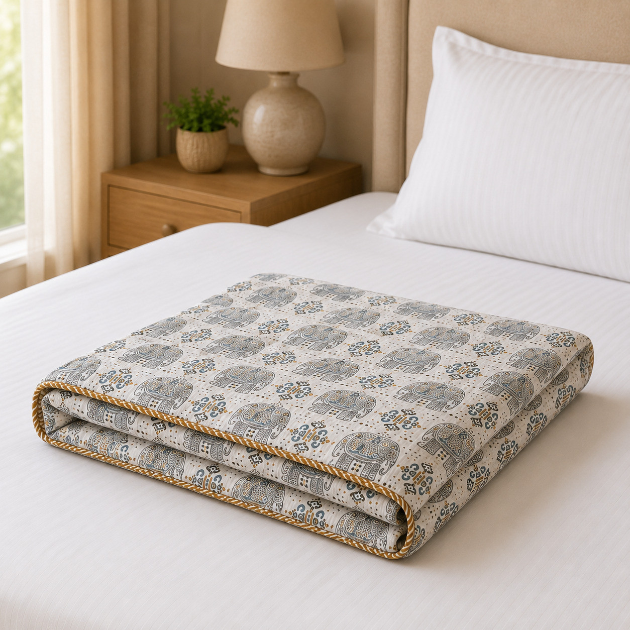 Folded hand block printed elephant motif cotton dohar with gold piping on bed