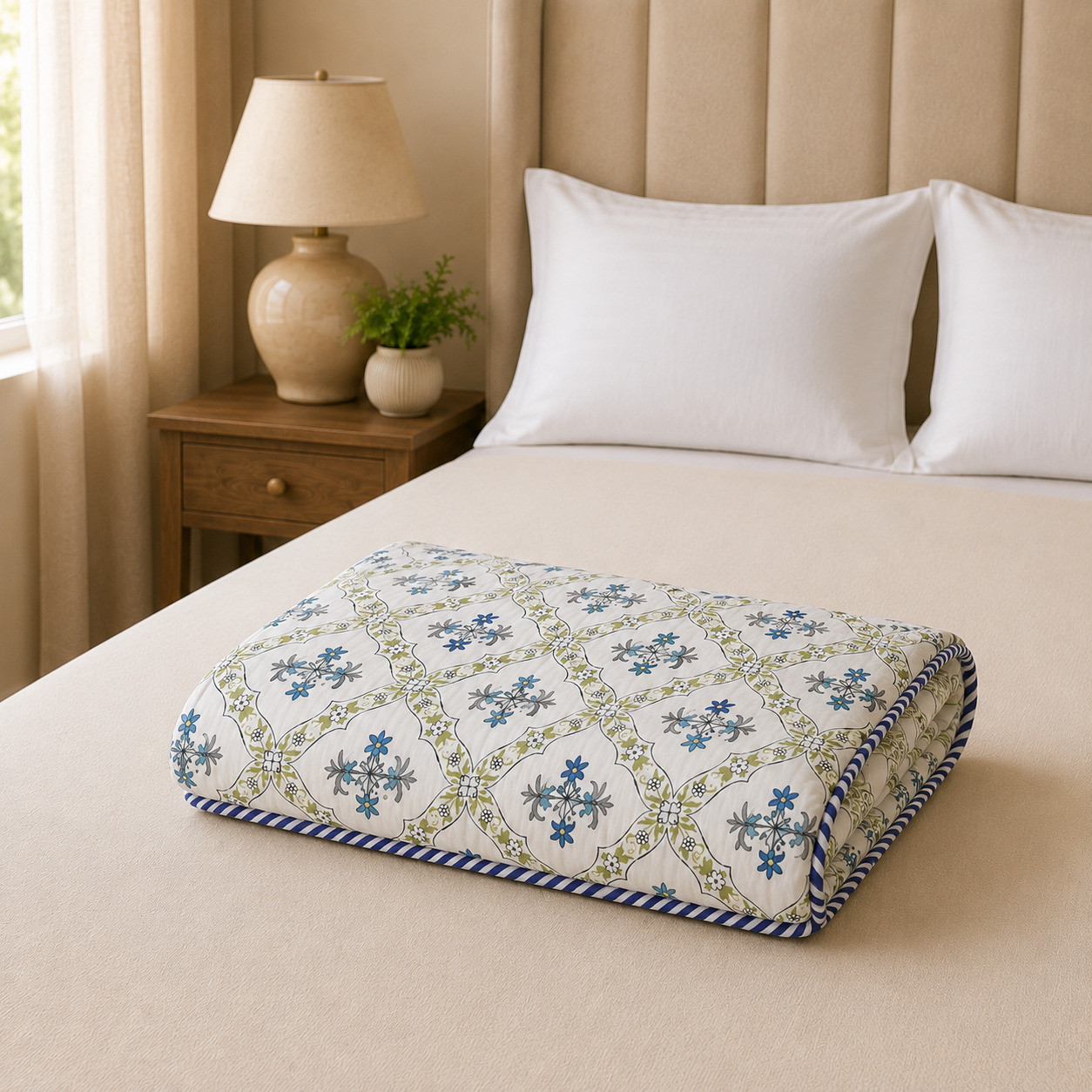 Folded hand block printed jaali print cotton dohar on bed with navy striped border