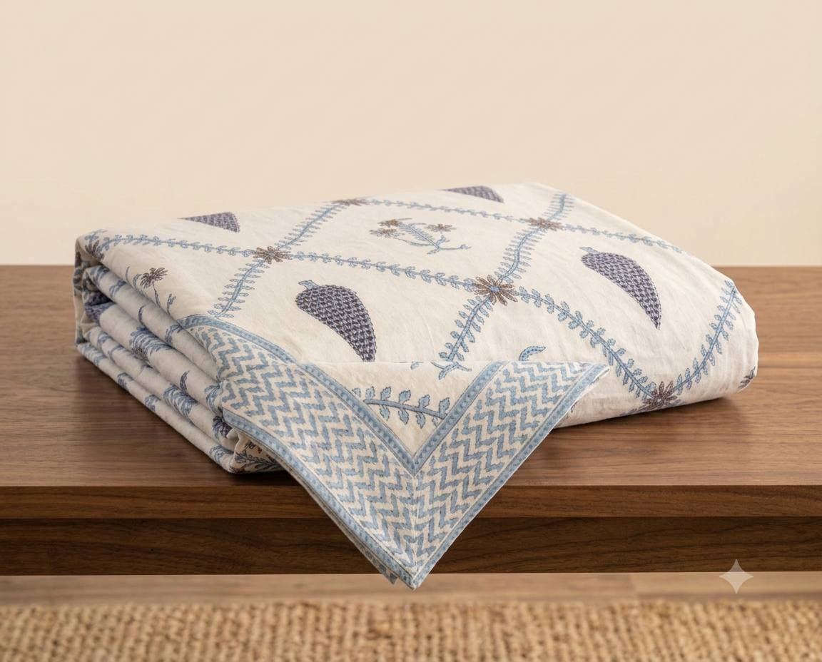 Folded Jaipuri hand block printed cotton bedsheet showing blue trellis pattern and chevron border