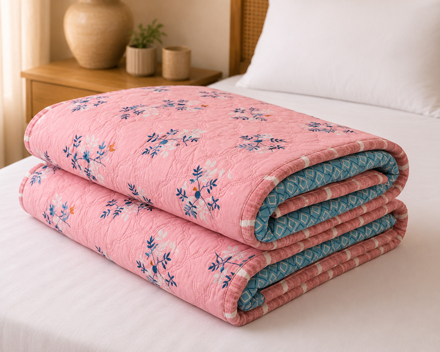 Folded pink floral quilted cotton comforter showing wave-stitch quilting detail on white bed