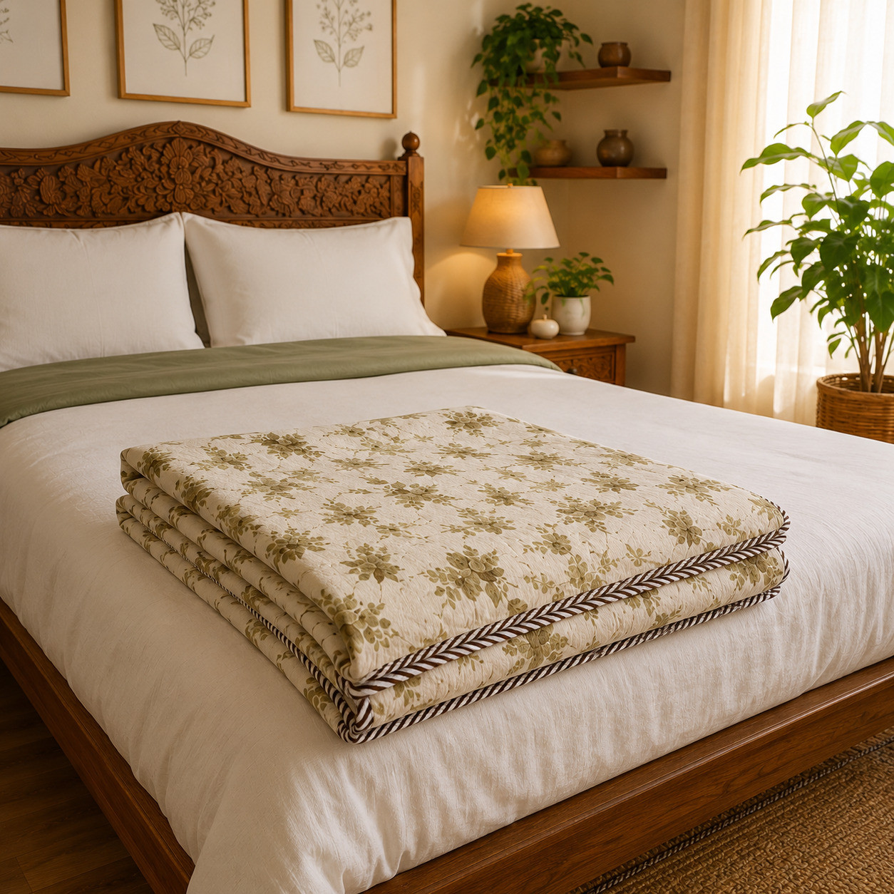 Folded reversible cotton dohar with olive floral print and brown striped border