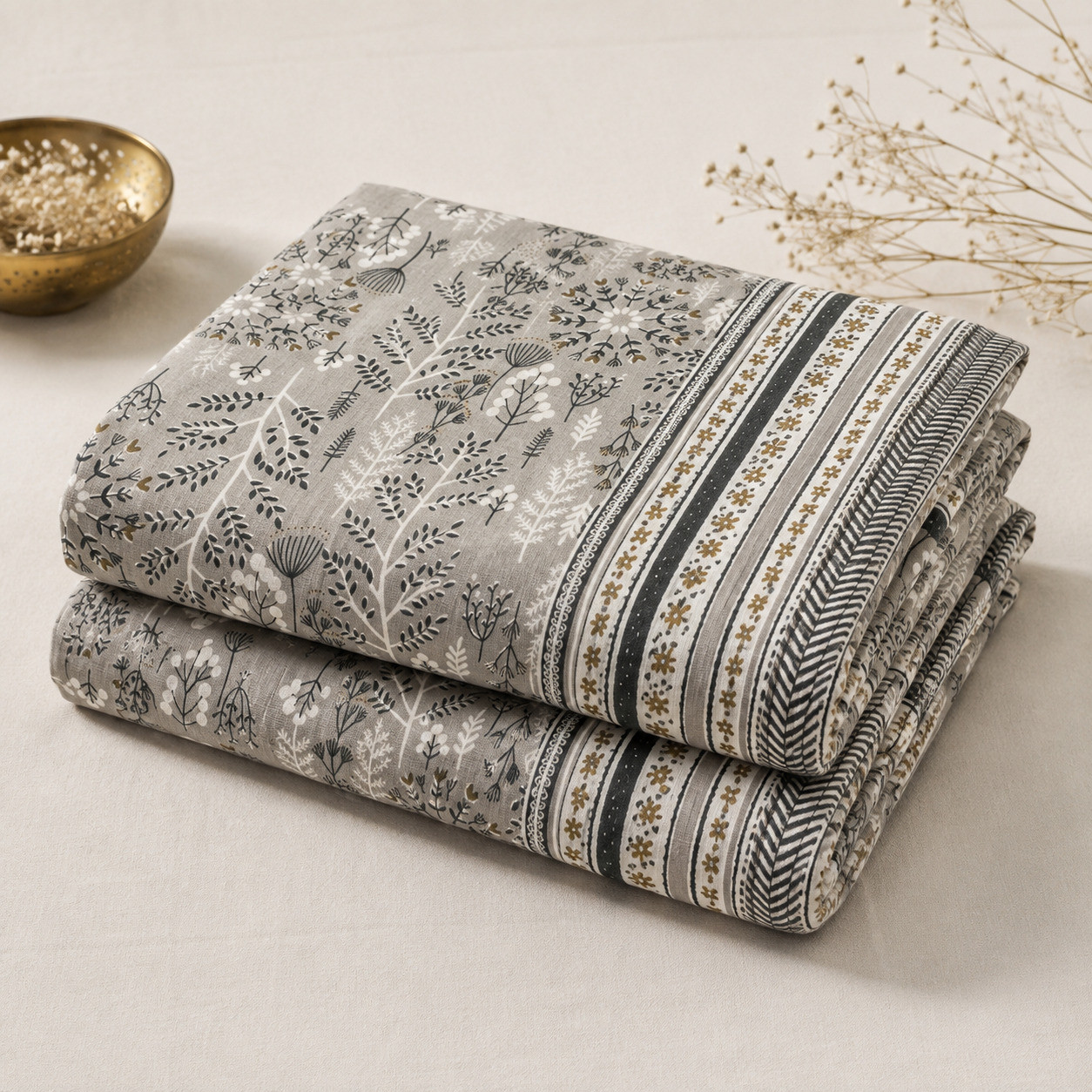 Folded set of 2 slate botanical hand block printed cotton dohars showing striped mustard-black border detail