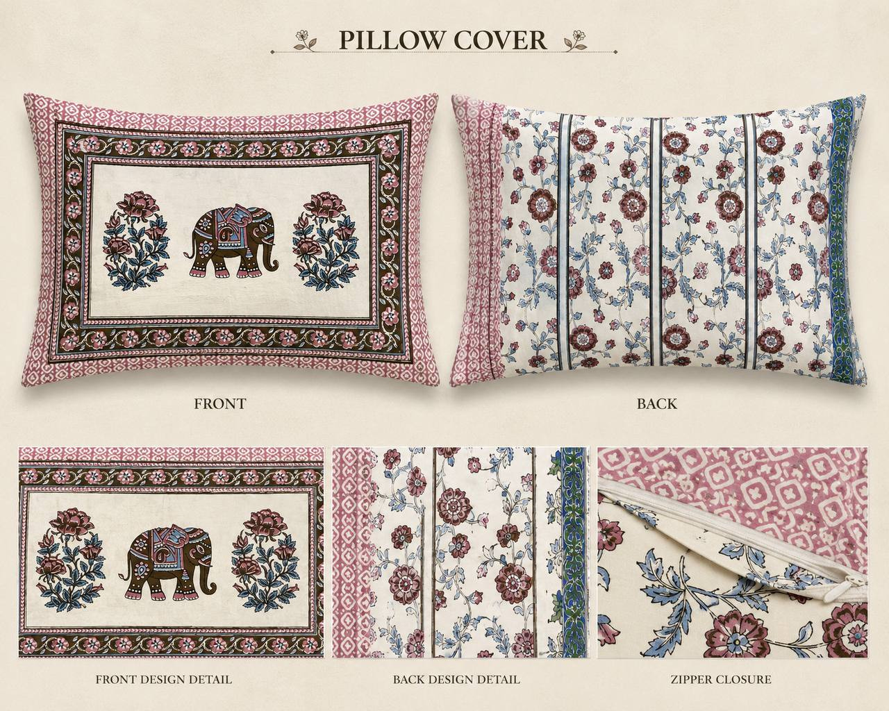 Front and back view of elephant print pillow cover with hidden zipper closure and floral stripe reverse