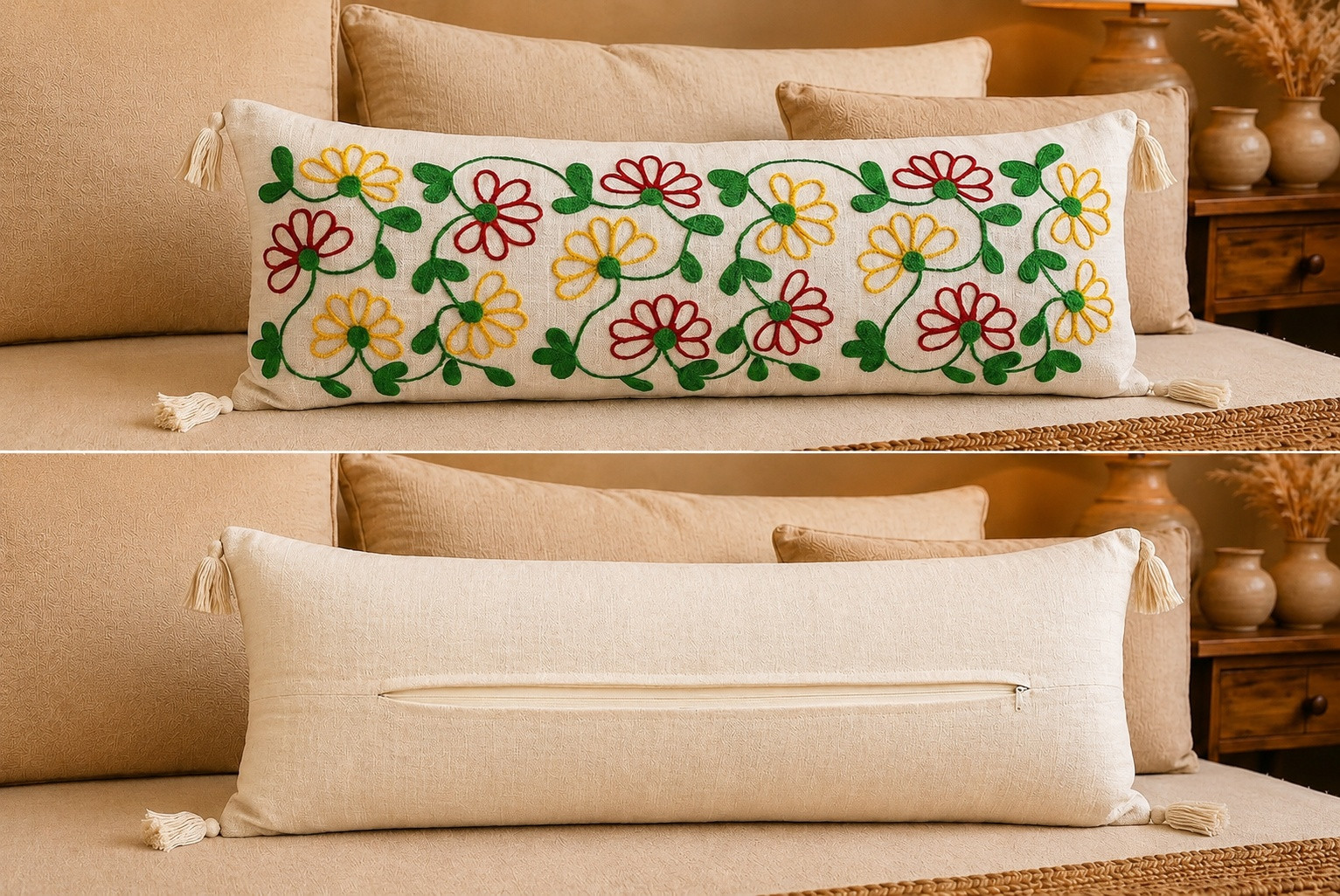 Furnistitchs floral vine embroidered lumbar cushion cover front view multicolor daisy design and back view hidden zipper