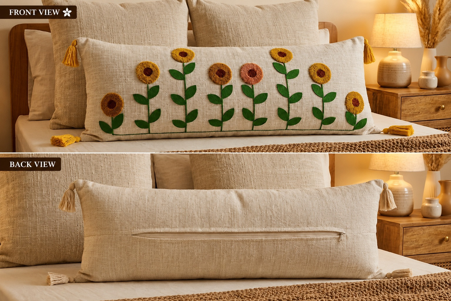 Furnistitchs sunflower embroidered lumbar cushion cover front view floral design and back view hidden zipper
