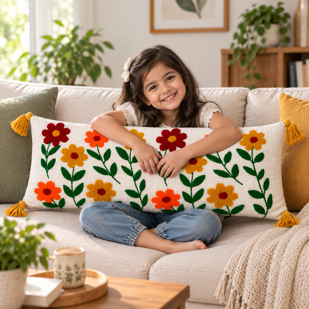 Girl hugging colorful embroidered floral lumbar cushion cover with tassels on sofa