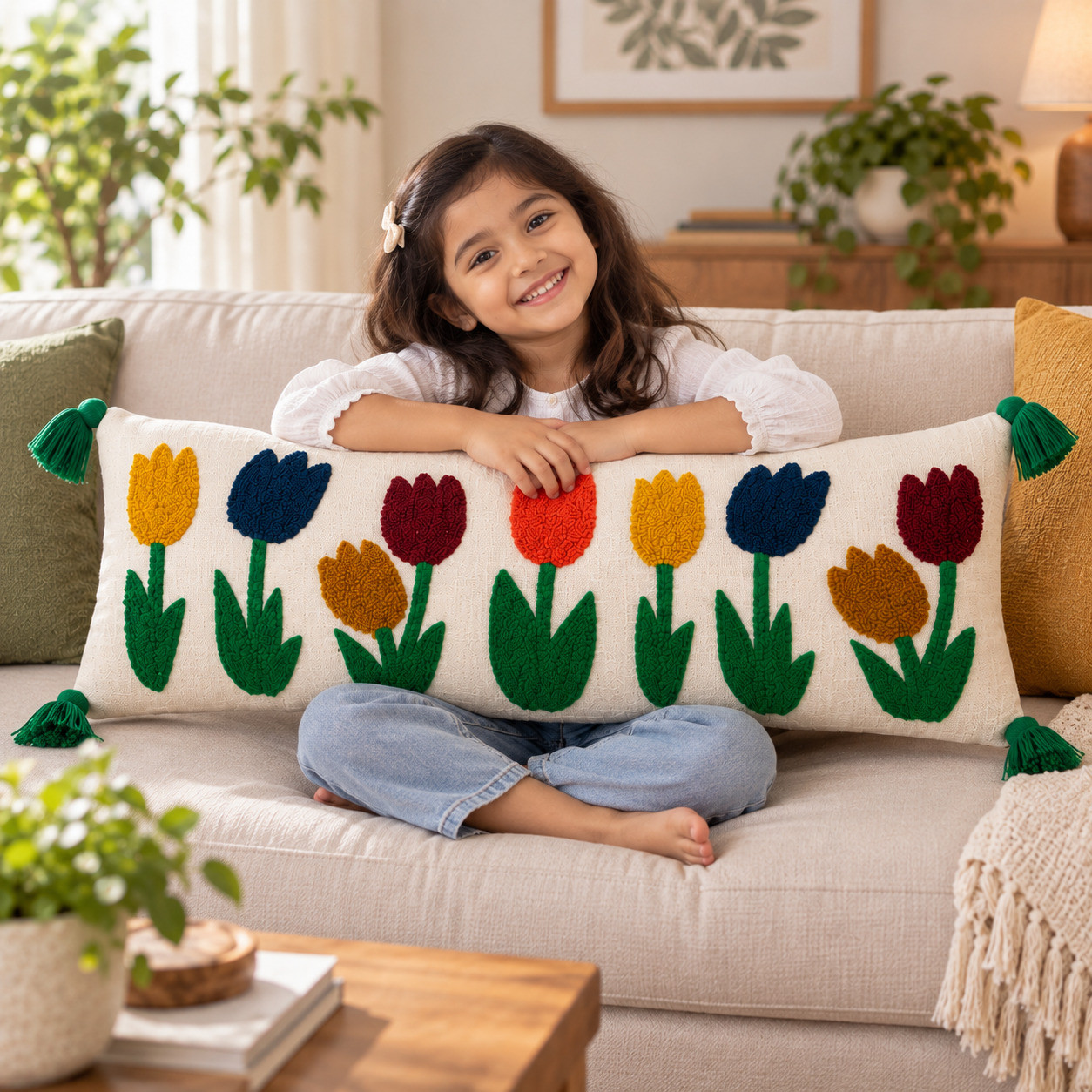Girl hugging colorful embroidered tulip lumbar cushion cover with tassels on sofa
