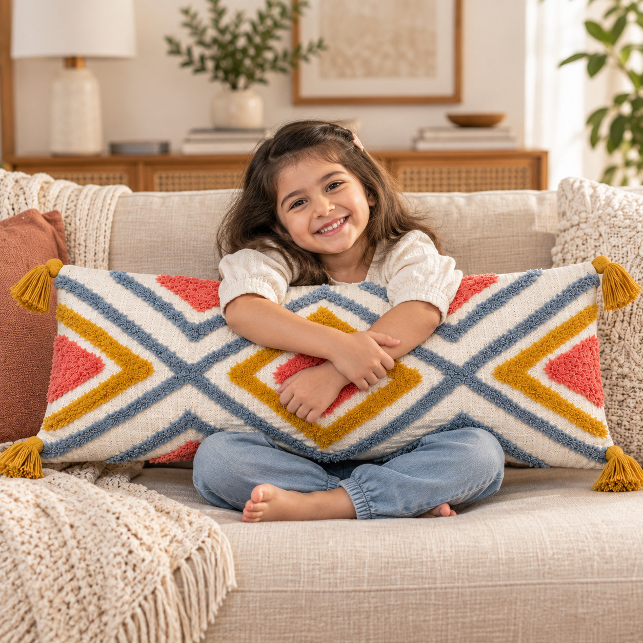 Girl hugging coral mustard tufted diamond lumbar cushion cover with tassels