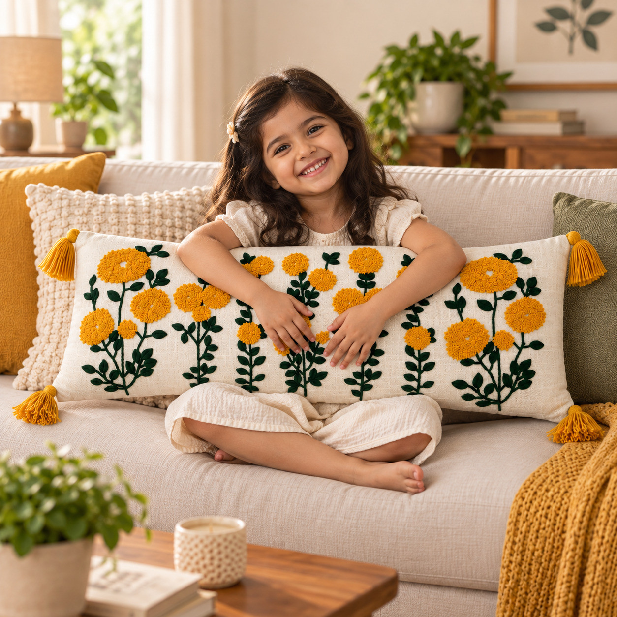 Girl hugging mustard embroidered marigold lumbar cushion cover with tassels on sofa
