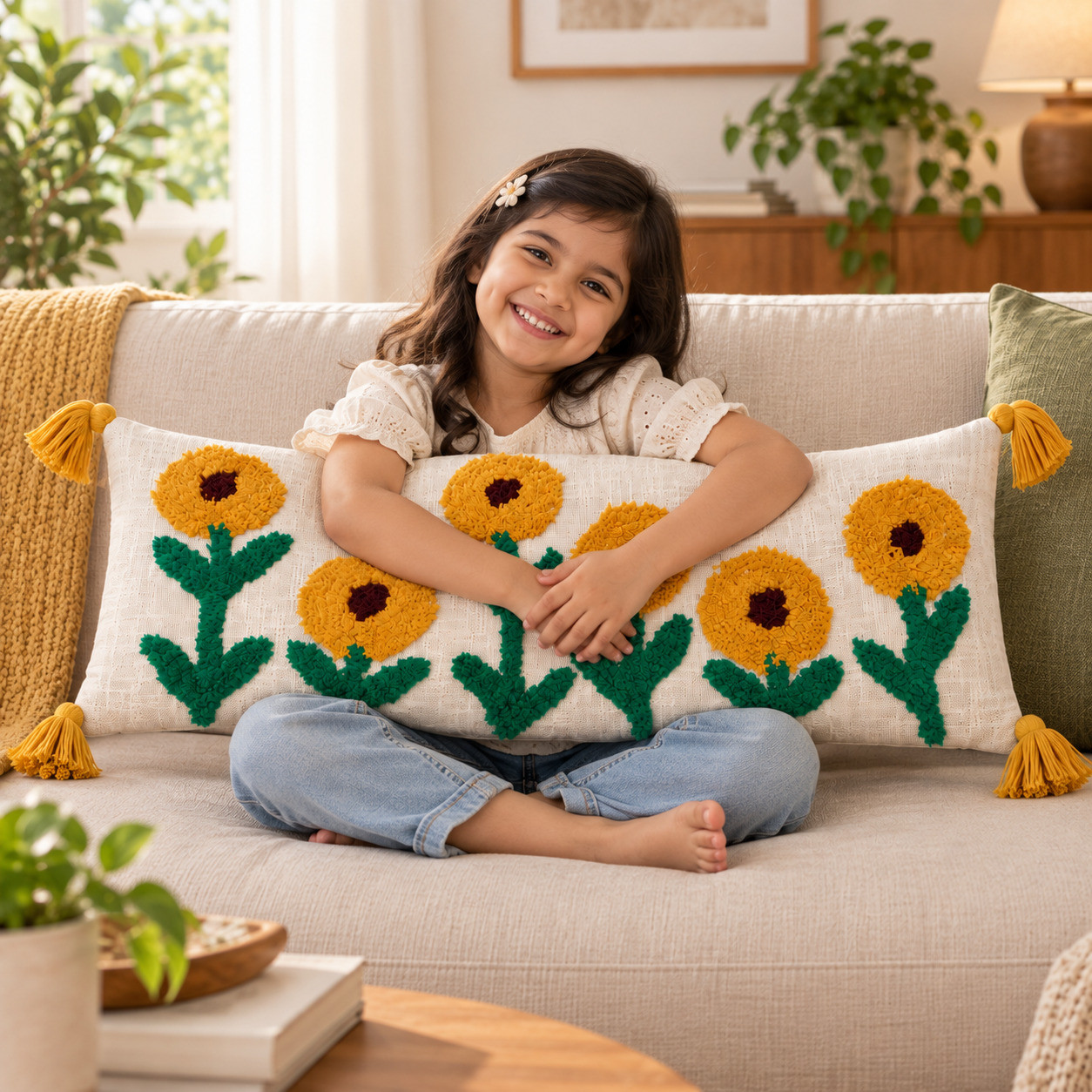 Girl hugging tufted sunflower lumbar cushion cover with tassels on sofa