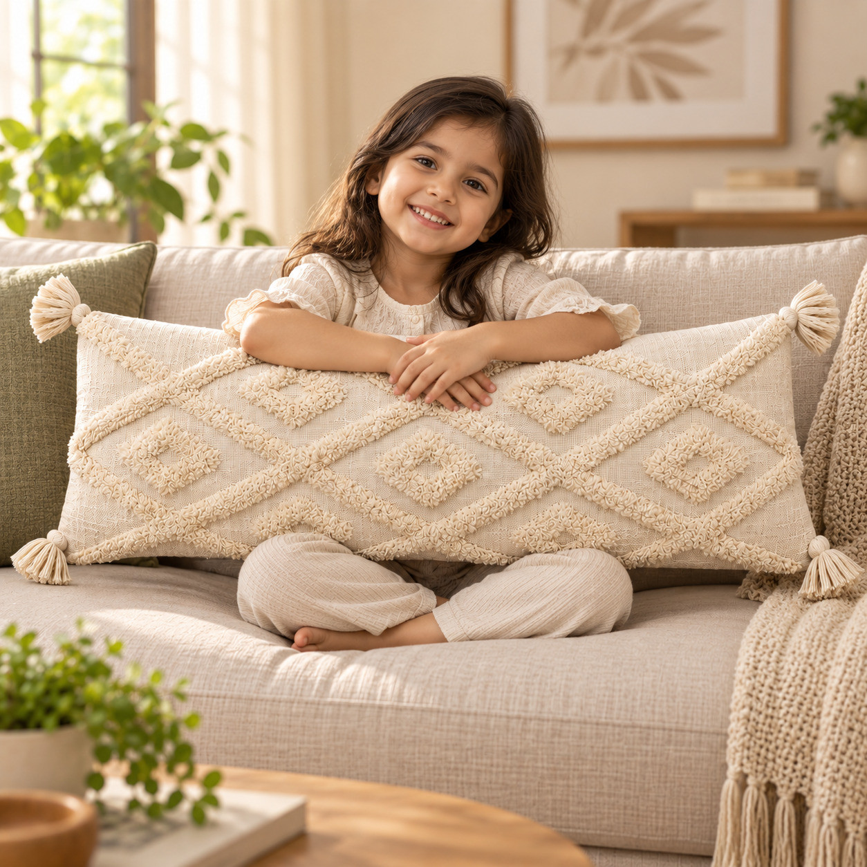 Girl sitting with ivory tufted diamond lumbar cushion cover with tassels on sofa