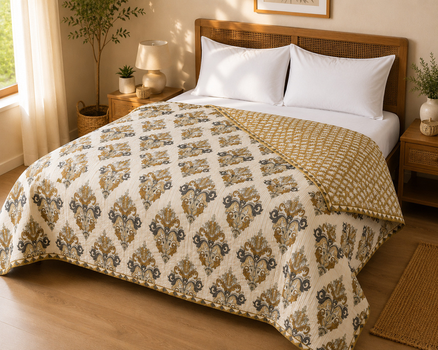 Golden damask quilted comforter on single bed with reversible leaf print side visible