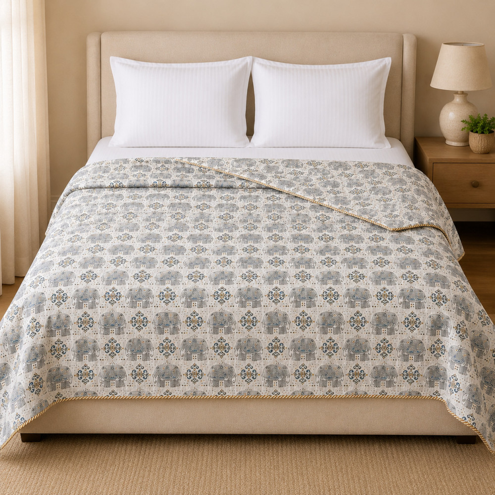 Image of Hand Block Printed Elephant Print Cotton Dohar – Double Bed Dohar with Gold Cord Border, 90x100