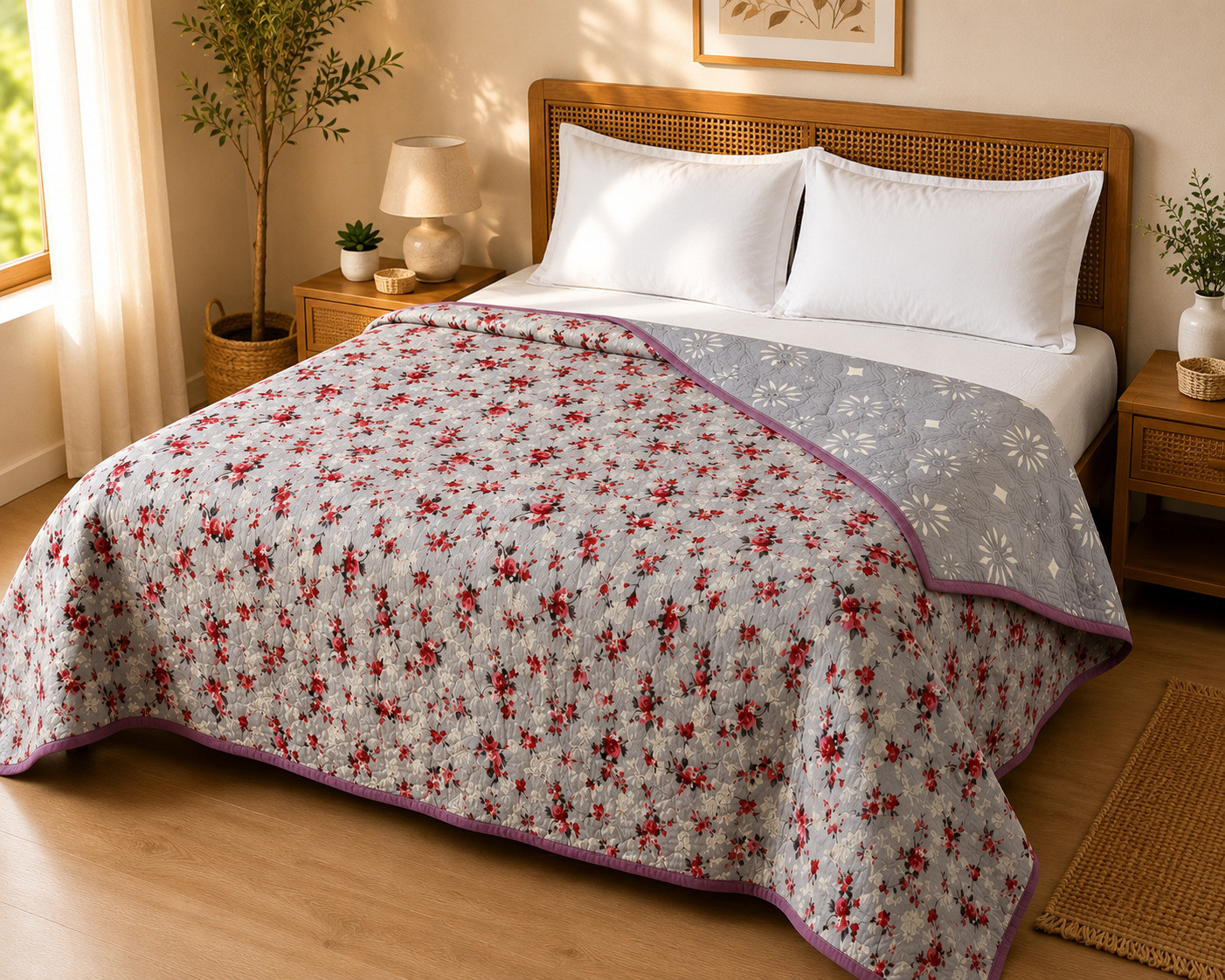 Grey rose floral quilted comforter on single bed with reversible daisy tile pattern side visible