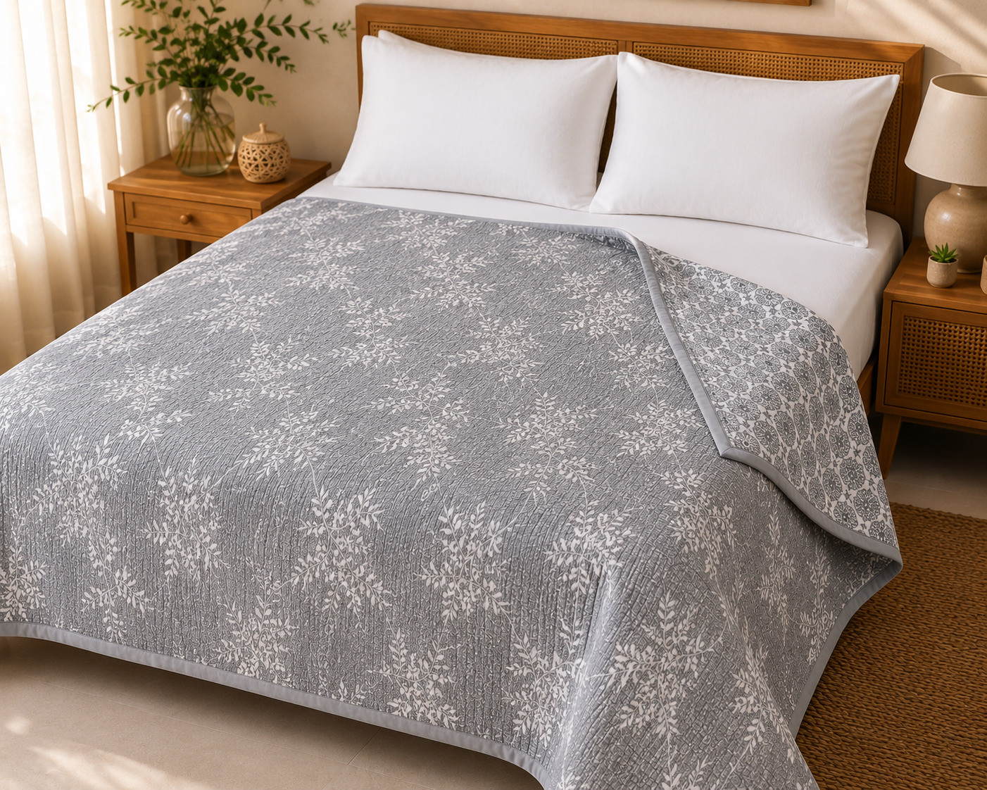 Grey vine leaf quilted comforter on single bed with folded corner revealing reversible medallion print