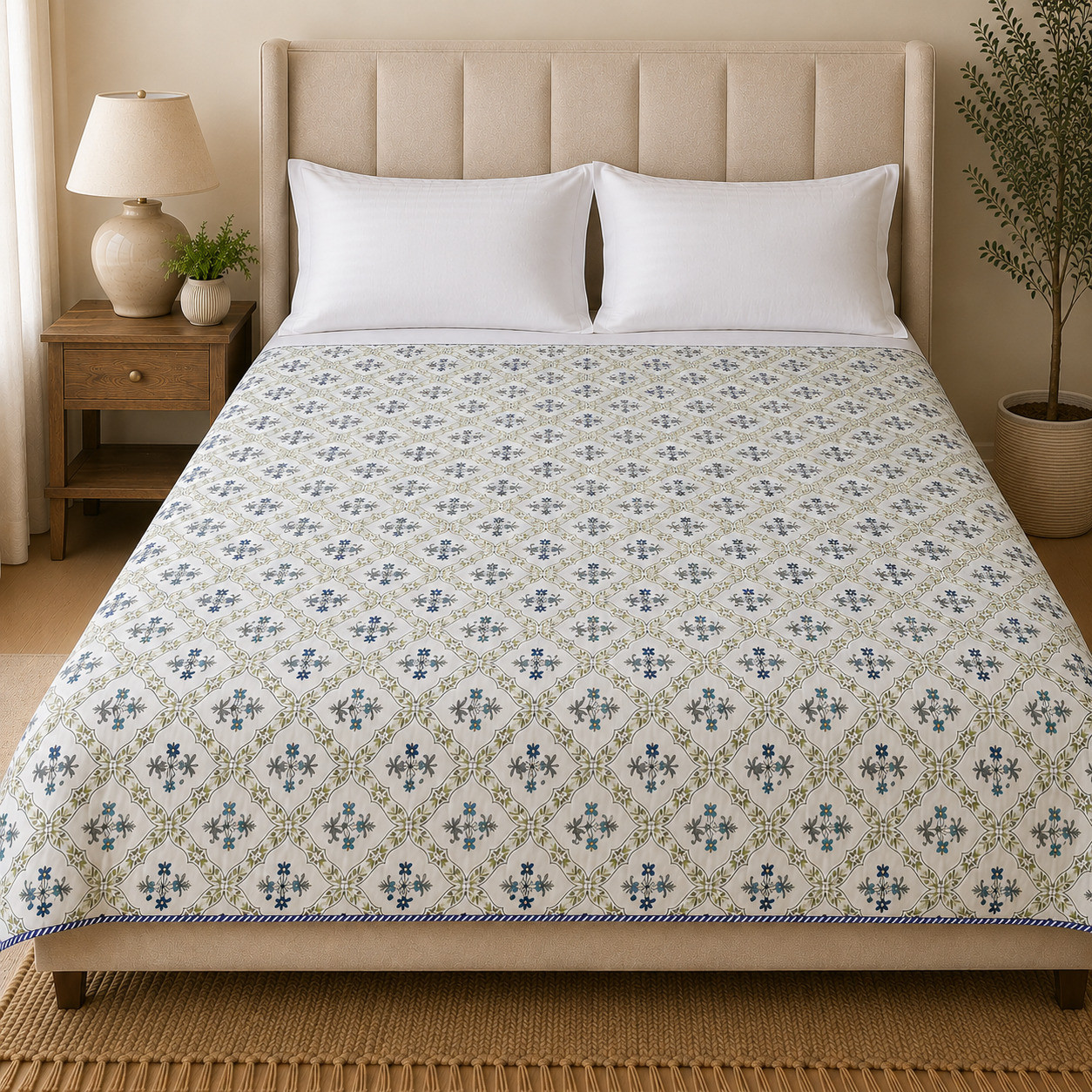 Hand block printed blue-green trellis print dohar covering double bed front view