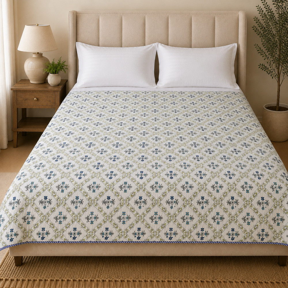 Image of Hand Block Printed Cotton Dohar – Blue Trellis Floral Double Bed Dohar (90x100)