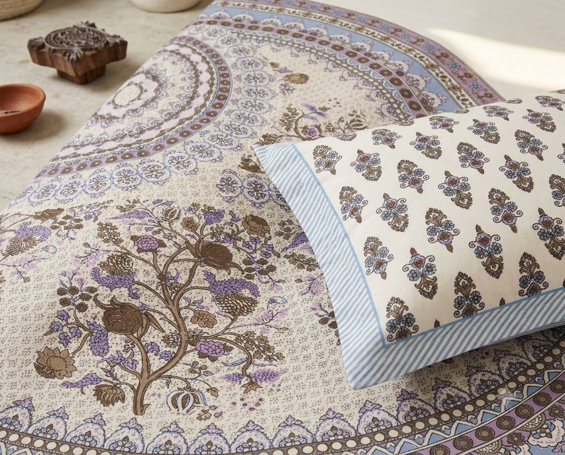 Hand block printed cotton bedsheet and pillow cover with tree of life motif and wooden printing blocks