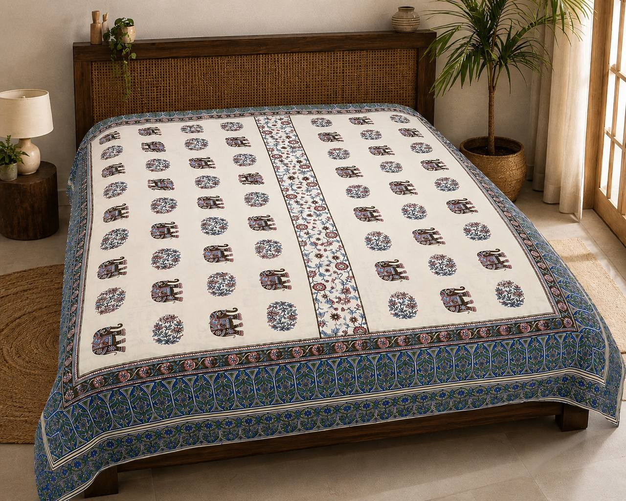 Hand block printed cotton bedsheet with elephant and floral pattern and blue border draped on wooden bed