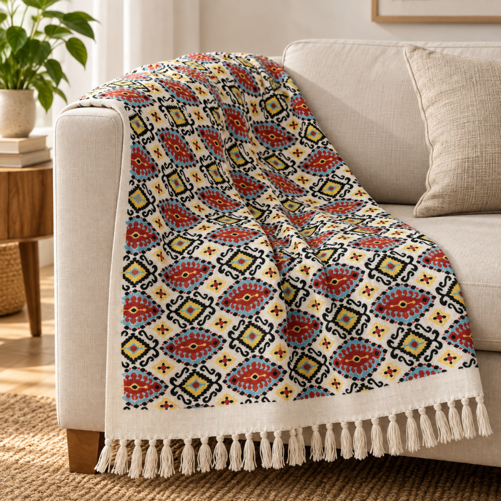 Image of Red Teal Kilim Diamond Sofa Throw – Hand Block Printed Cotton