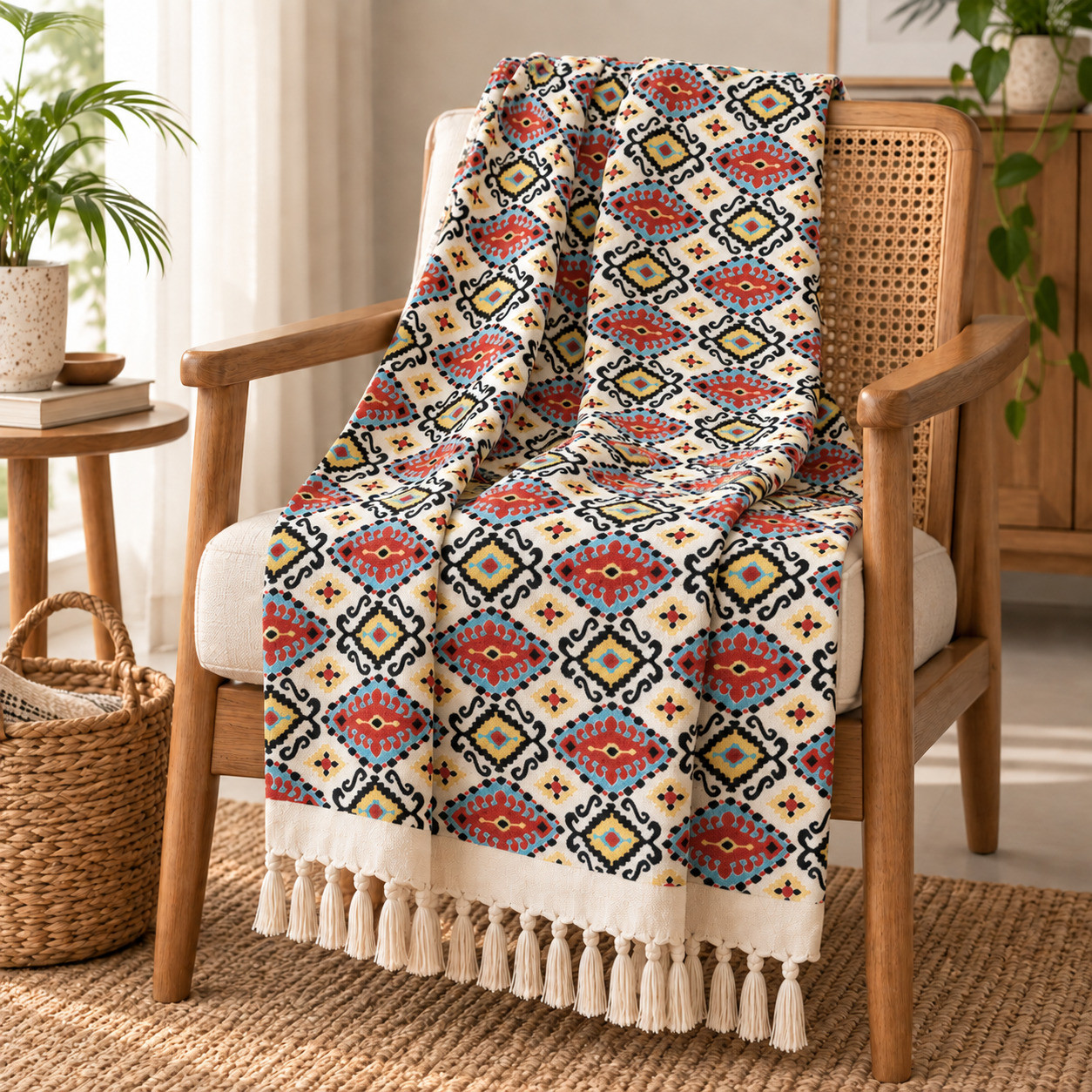 Red Teal Kilim Diamond Sofa Throw  Hand Block Printed Cotton