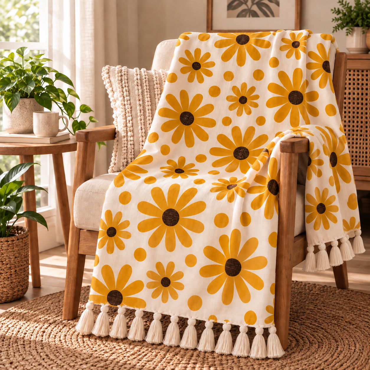 Hand block printed daisy print cotton throw with tassel fringe on wooden armchair