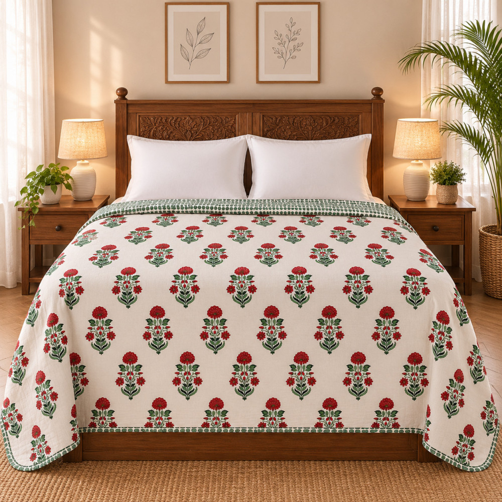 Image of Reversible Hand Block Printed Cotton Dohar – Red Floral Booti Double Bed Dohar, 90x100