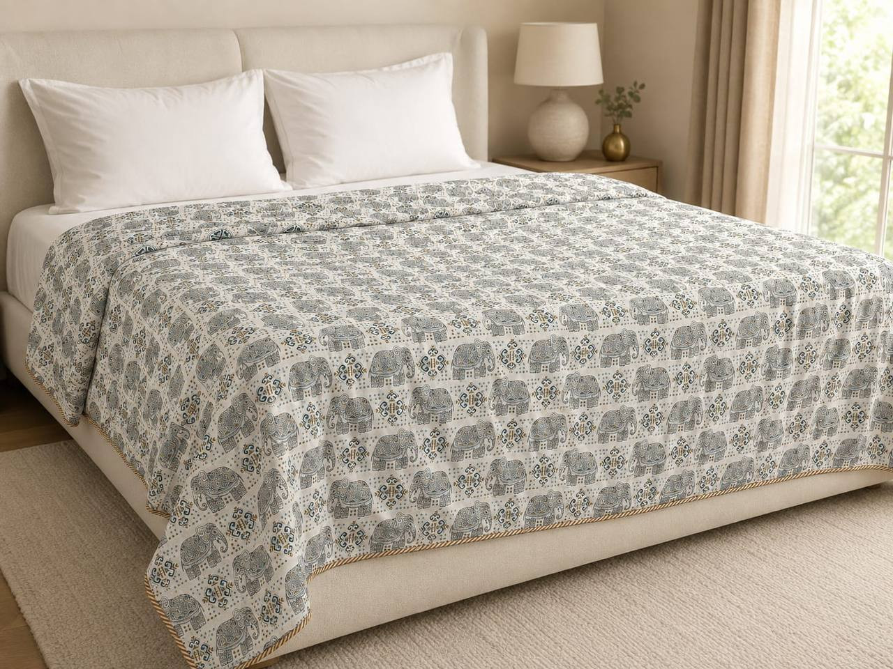 Hand block printed elephant print dohar spread on double bed side view