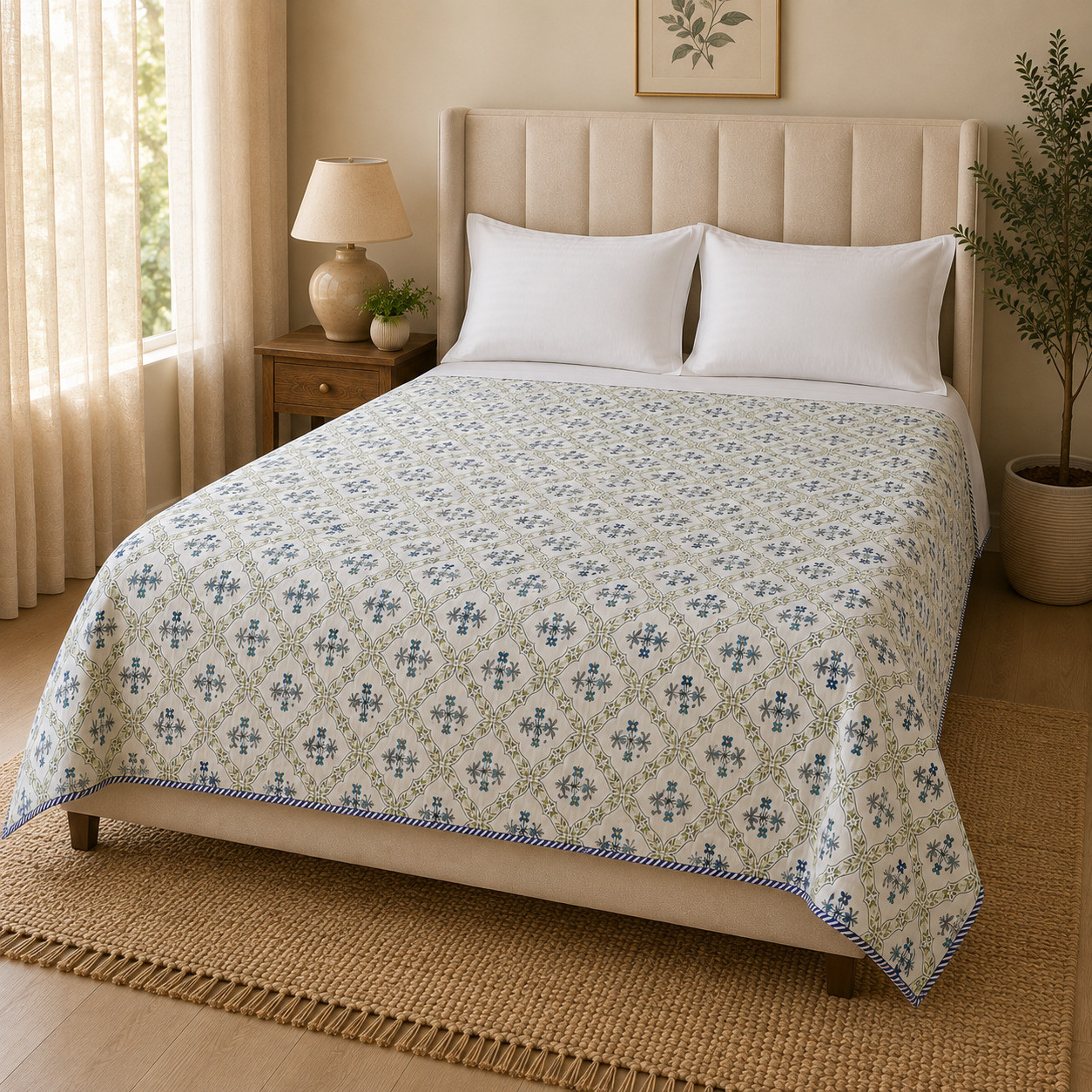 Hand block printed floral trellis cotton dohar spread on double bed blue and green print