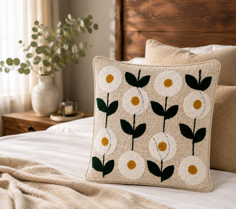 Image of Hand Embroidered Floral Cushion Cover – White Cotton | 16*16 Inch