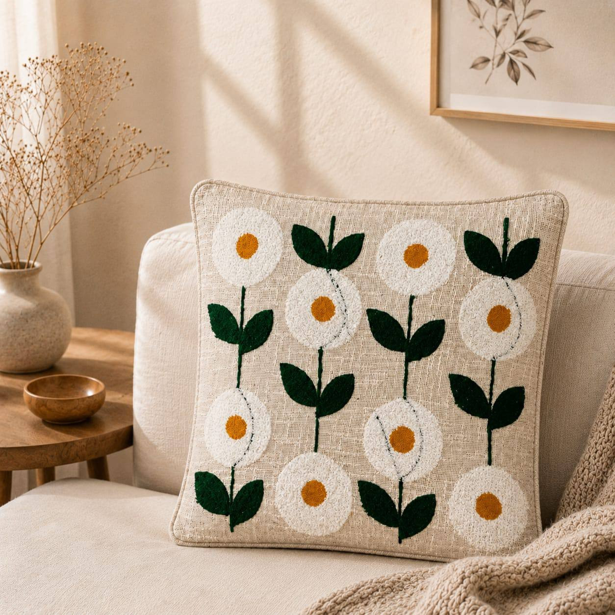 Hand embroidered floral cushion cover styled on beige sofa