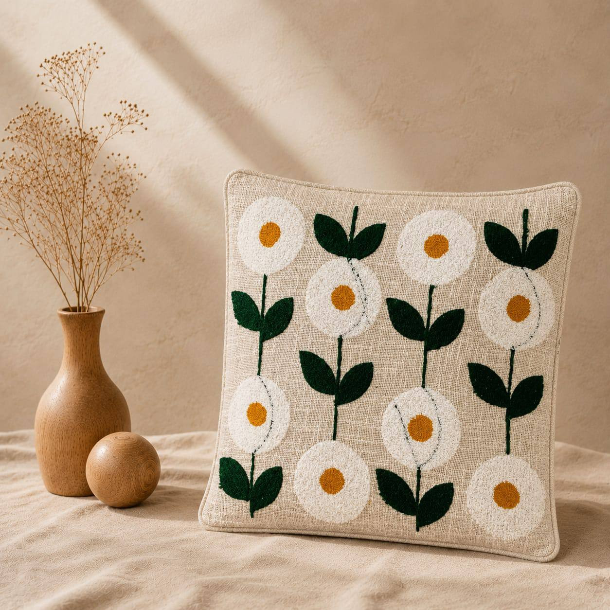 White cotton cushion cover with hand embroidered daisy pattern on sofa