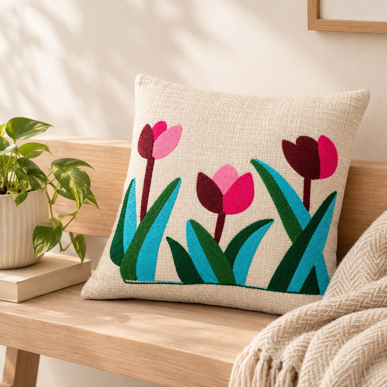 Hand embroidered pink tulip cushion cover 16x16 inch with teal green leaves on wooden bench