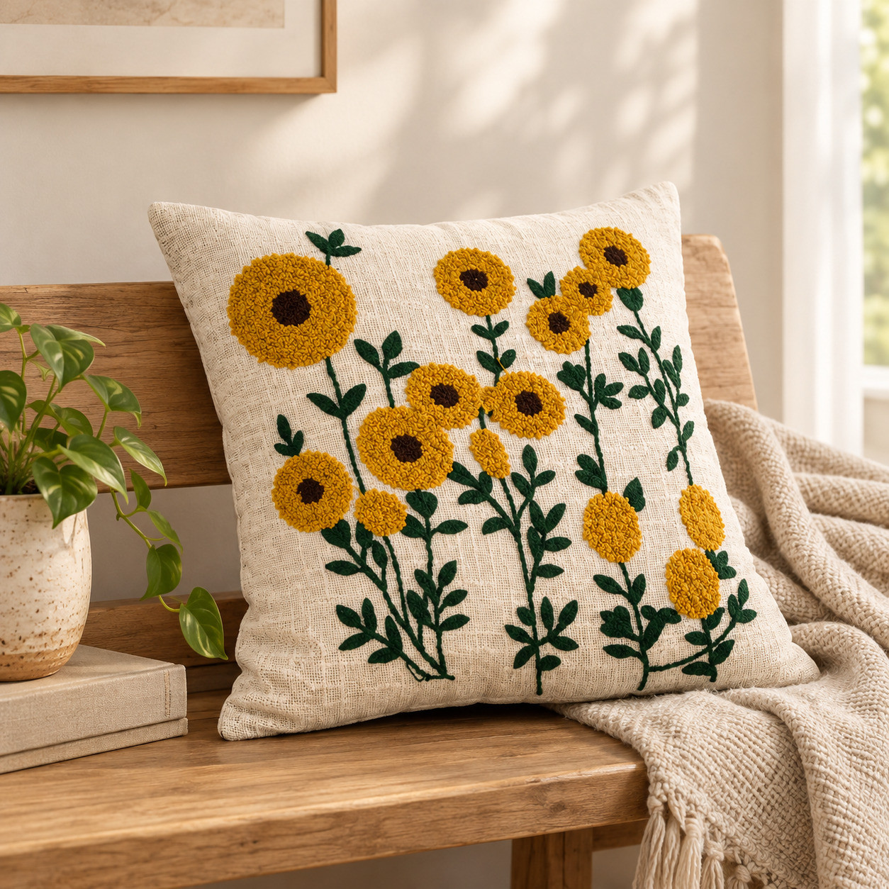 Hand embroidered sunflower cluster cushion cover 16x16 inch on wooden bench with plant