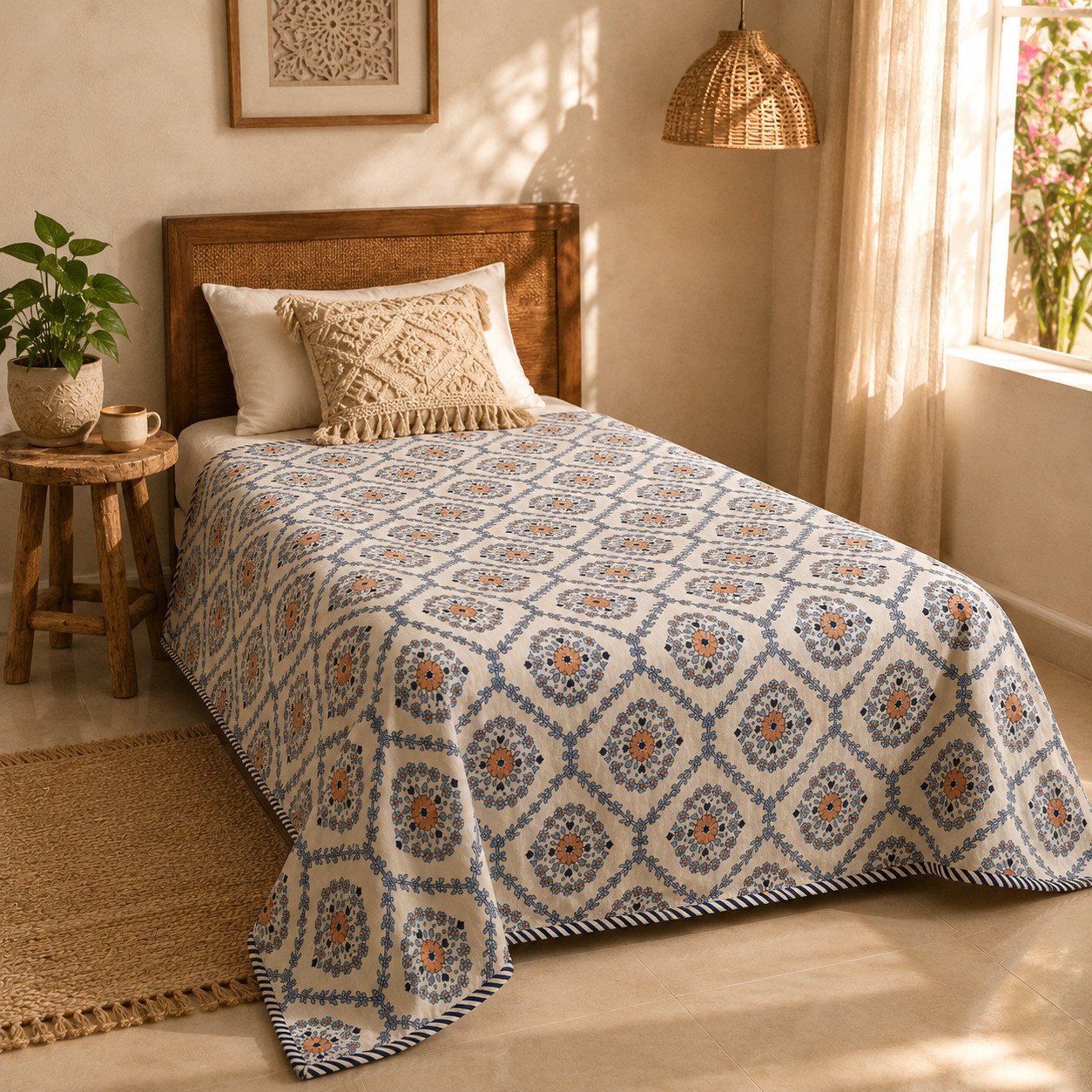 Indigo medallion hand block printed cotton dohar draped on single bed with navy striped edge detail