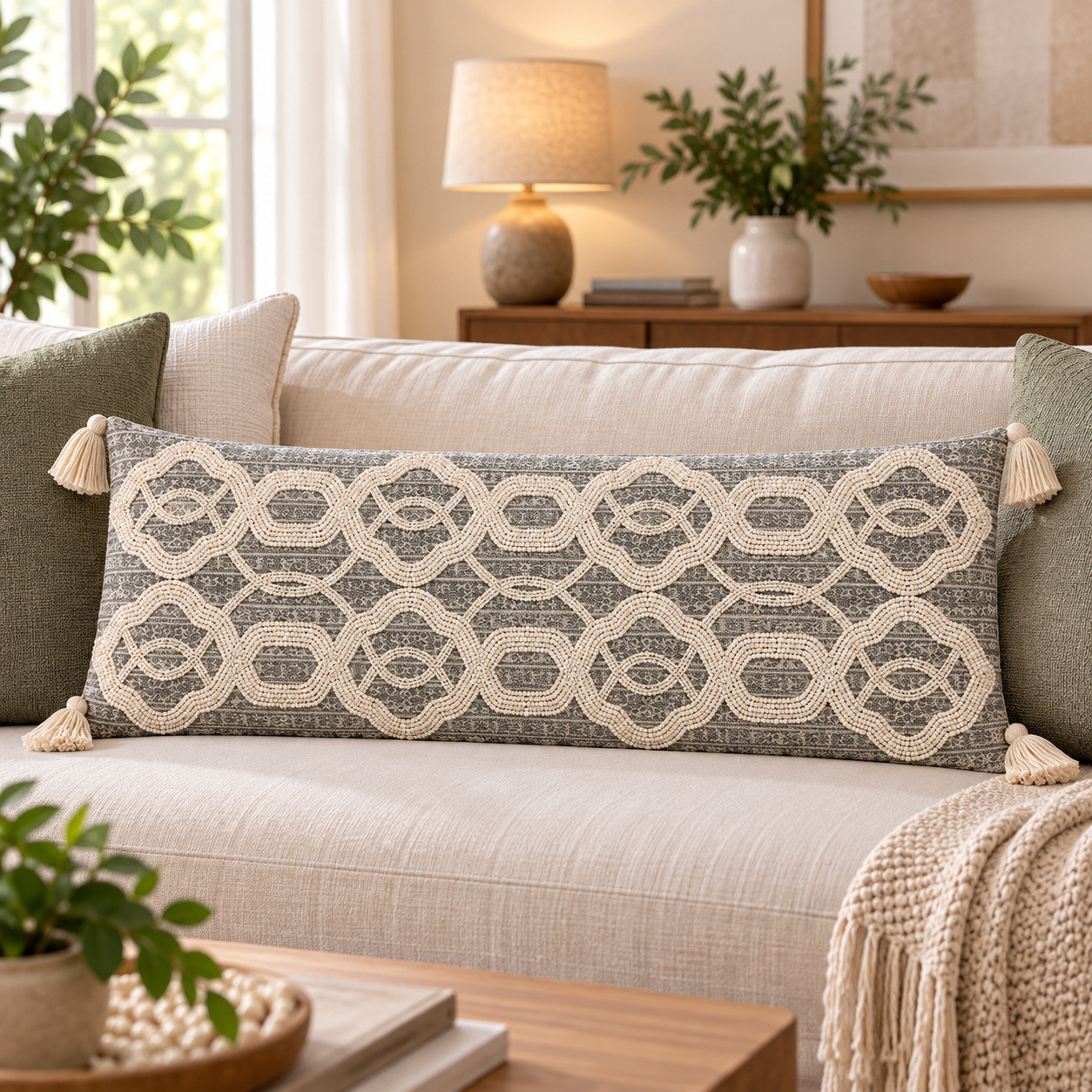 Ivory beaded trellis lumbar cushion cover on beige sofa with green pillows