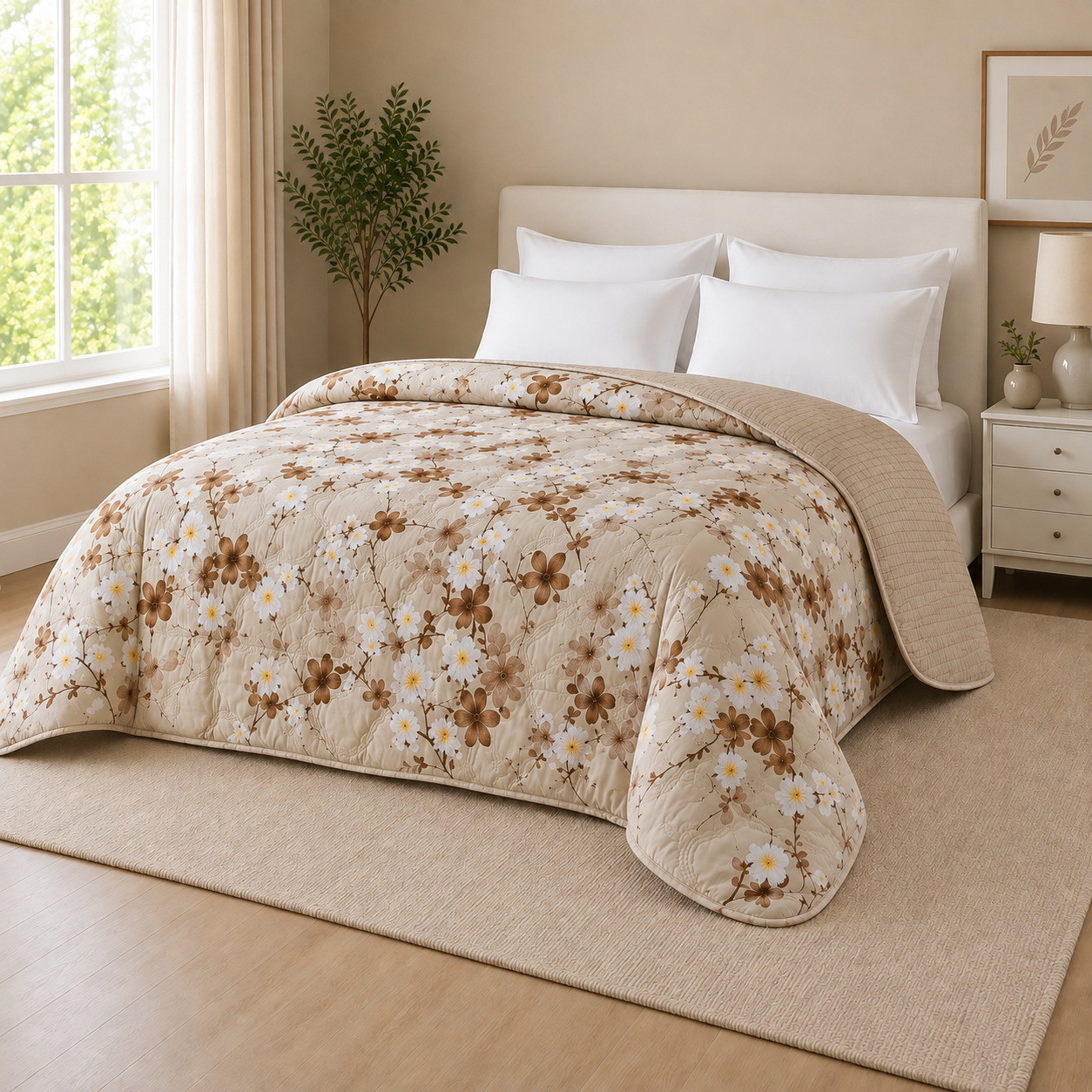 Ivory blossom branch print reversible cotton quilted comforter draped on double bed with white pillows in modern bedroom