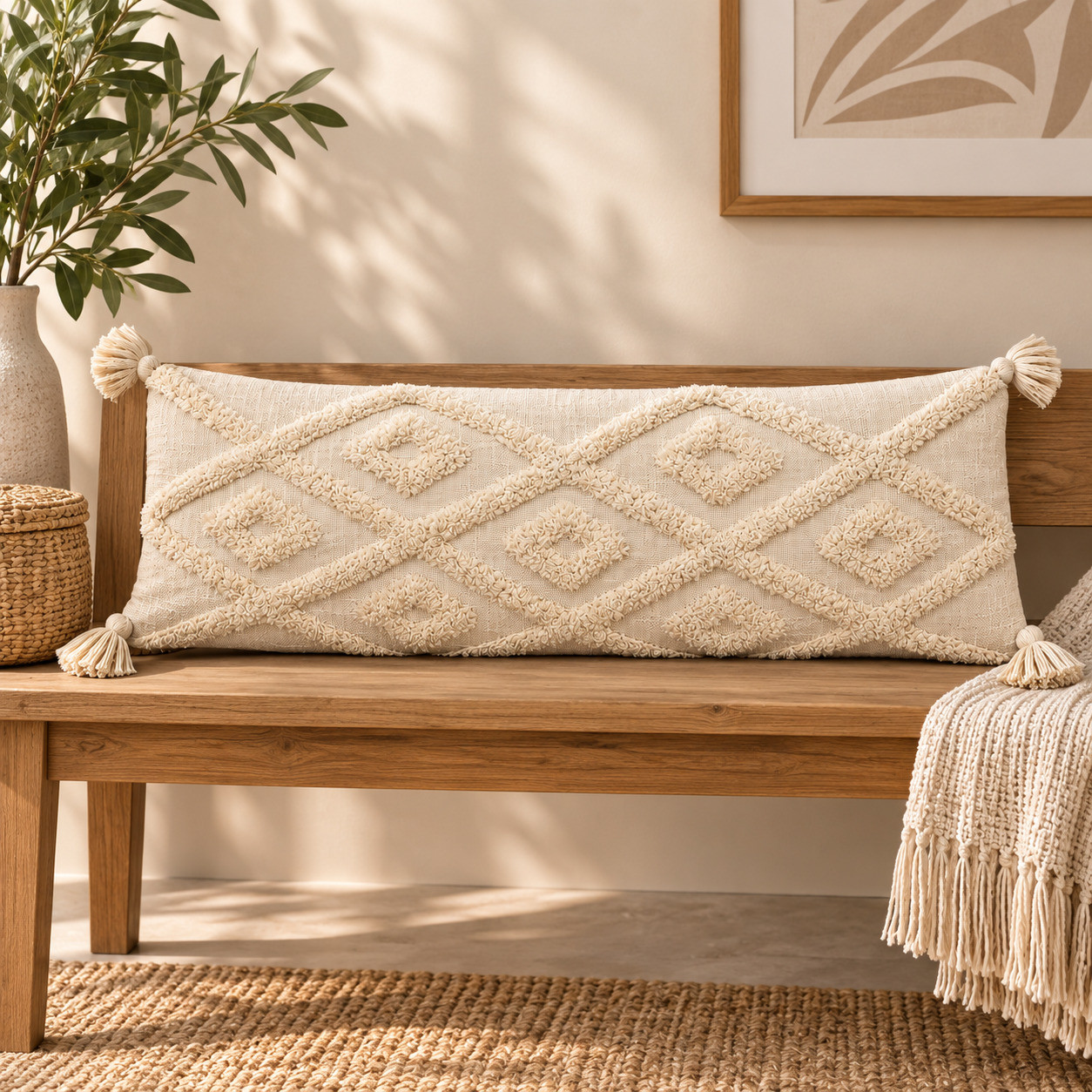Ivory tufted diamond lumbar cushion cover with tassels on wooden bench with jute rug
