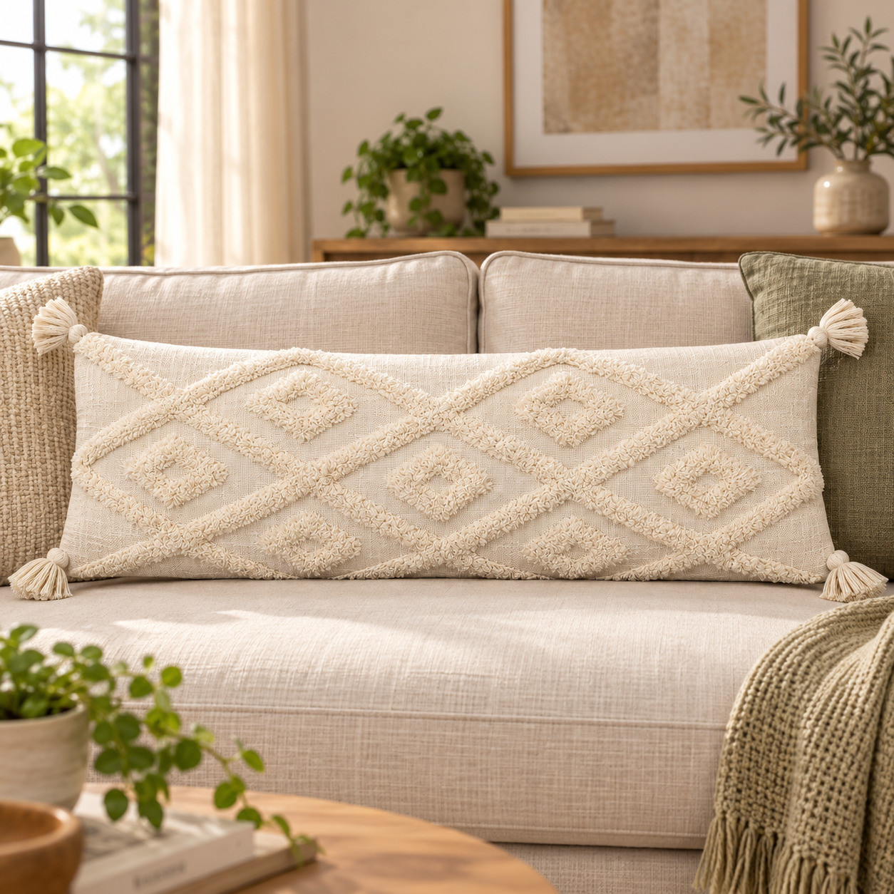Ivory tufted diamond lumbar cushion cover with tassels styled on beige sofa