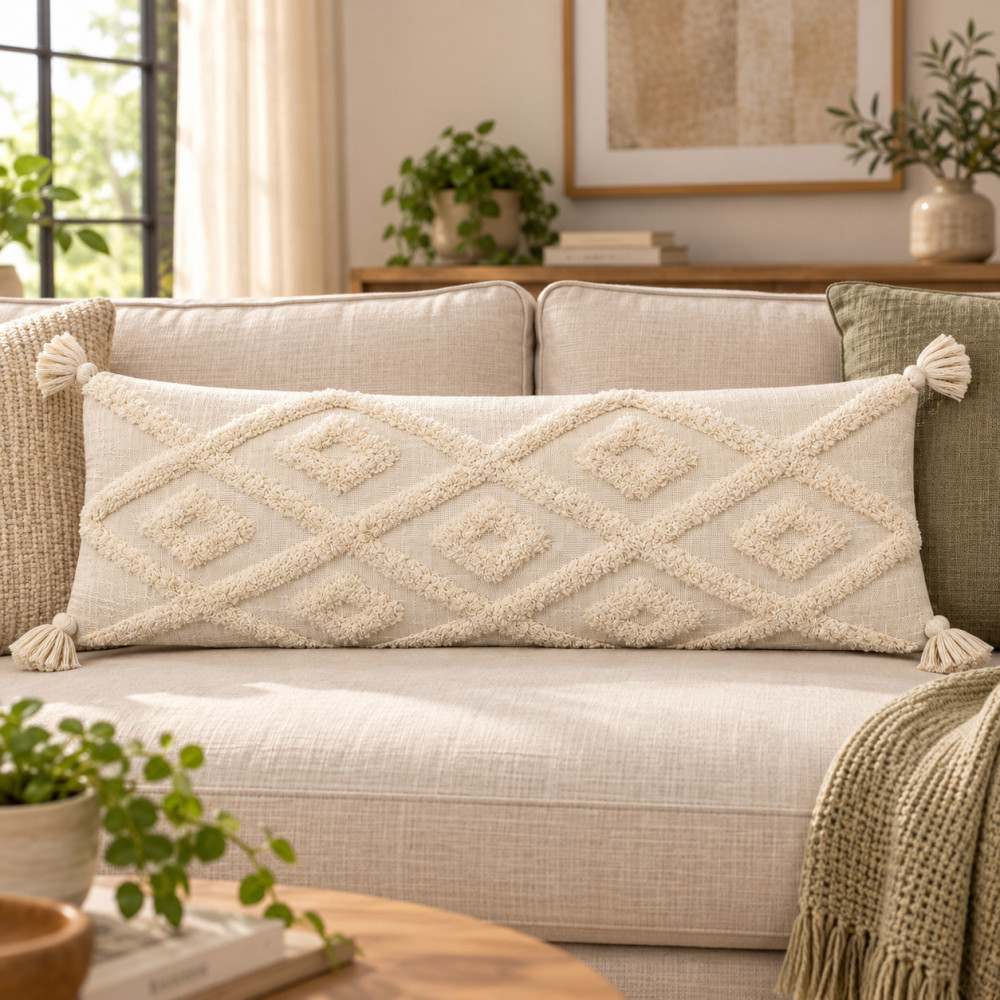 Image of All-White Tufted Diamond Lumbar Cushion Cover with Tassels 14x36