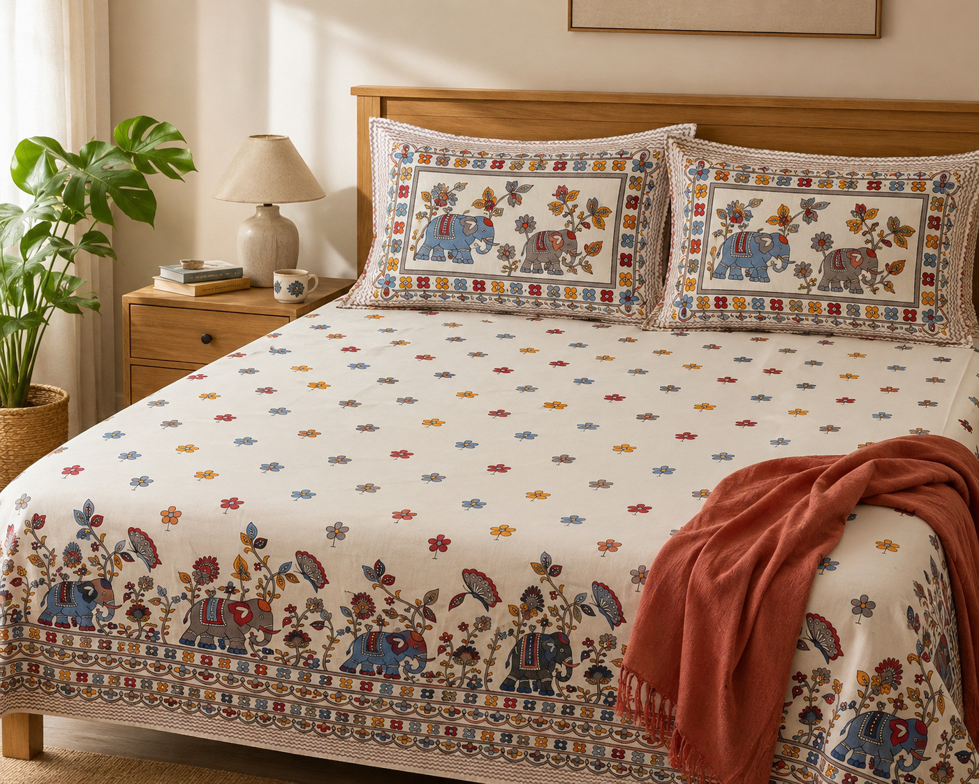 Jaipuri hand block printed cotton bedsheet with elephant and floral border styled on bed with terracotta throw