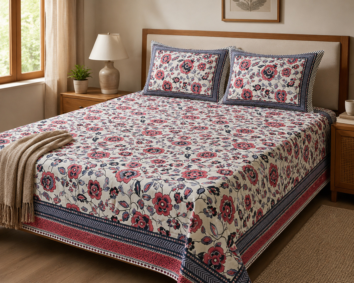 Jaipuri hand block printed cotton bedsheet with red floral pattern and 2 pillow covers styled on wooden bed