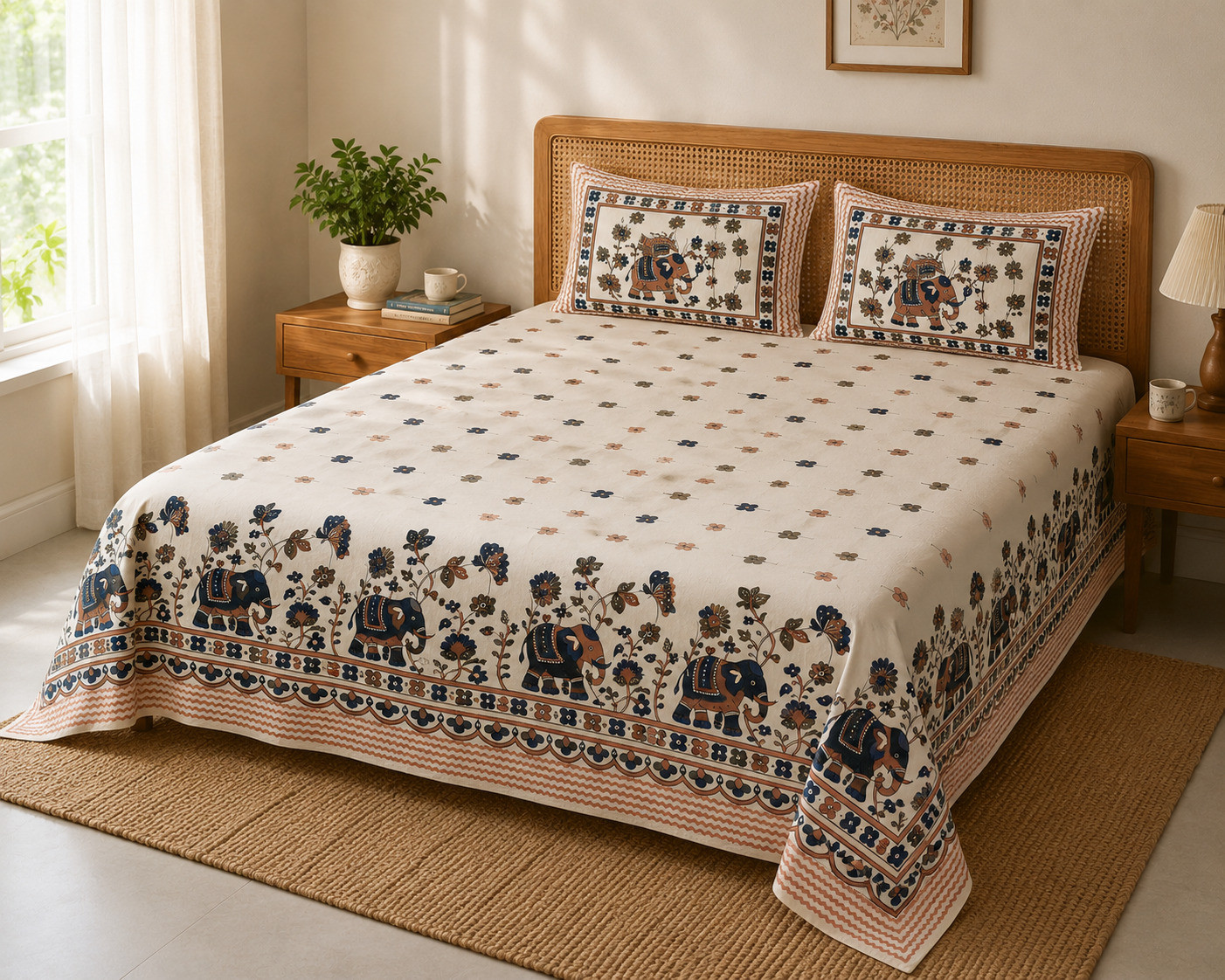 King size Jaipuri hand block printed bedsheet with elephant floral border and 2 pillow covers on cane headboard bed