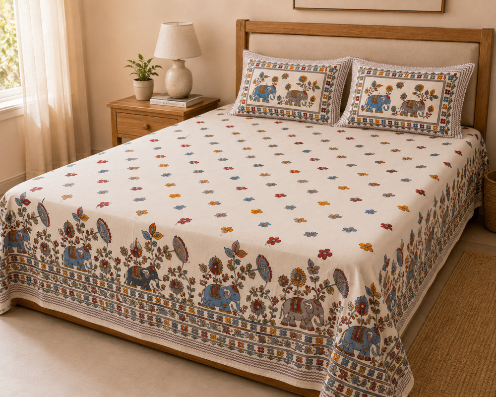 Image of Jaipuri Hand Block Printed Cotton Bedsheet with 2 Pillow Covers – Multicolor Elephant (108x108)