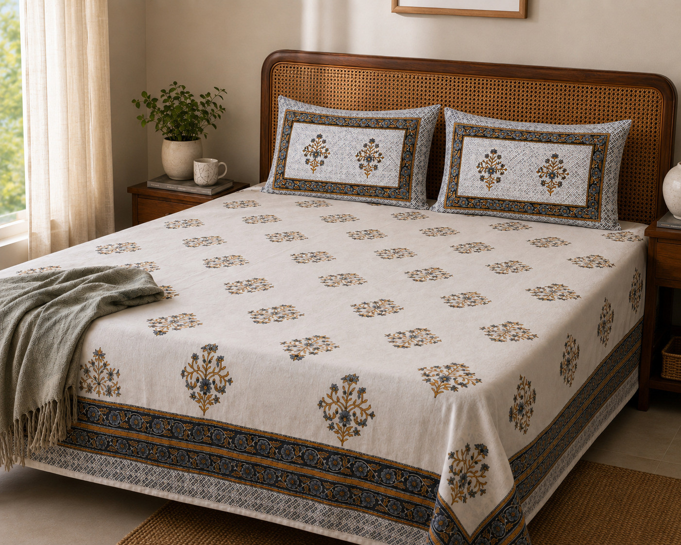 King size Jaipuri hand block printed bedsheet with scattered mustard booti motif