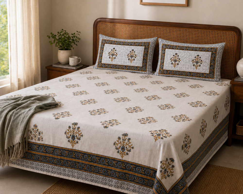 Image of Jaipuri Hand Block Printed Cotton Bedsheet with 2 Pillow Covers – Mustard Booti (108x108)