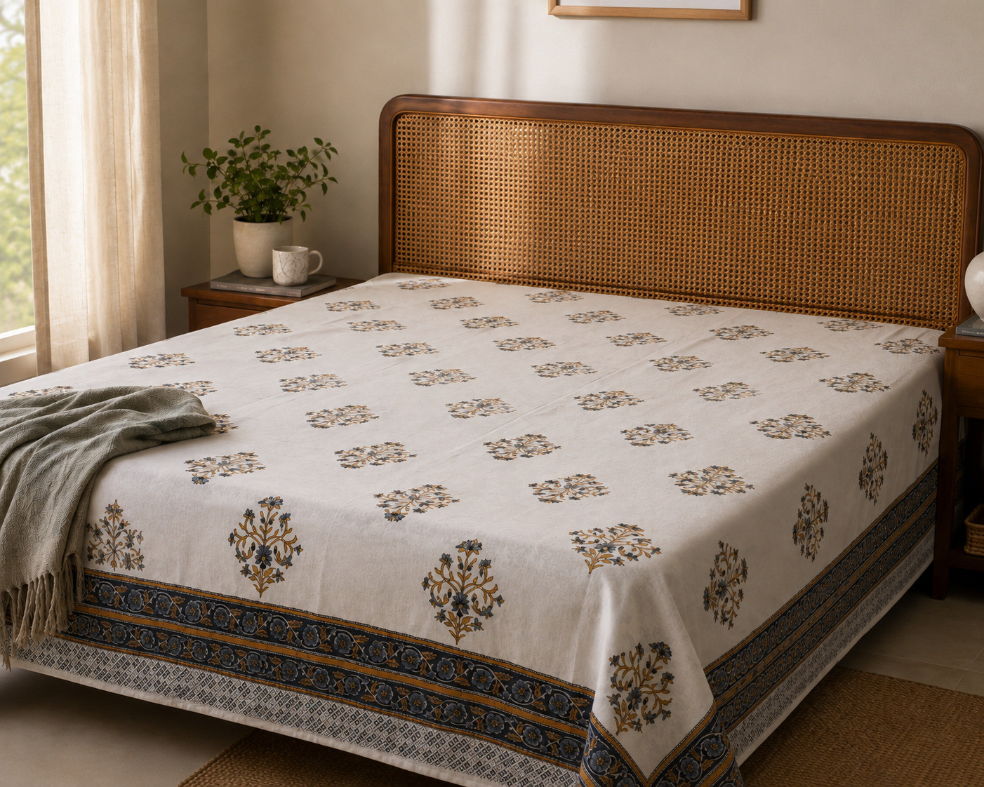King size Jaipuri hand block printed bedsheet with scattered mustard booti motif on cane headboard bed